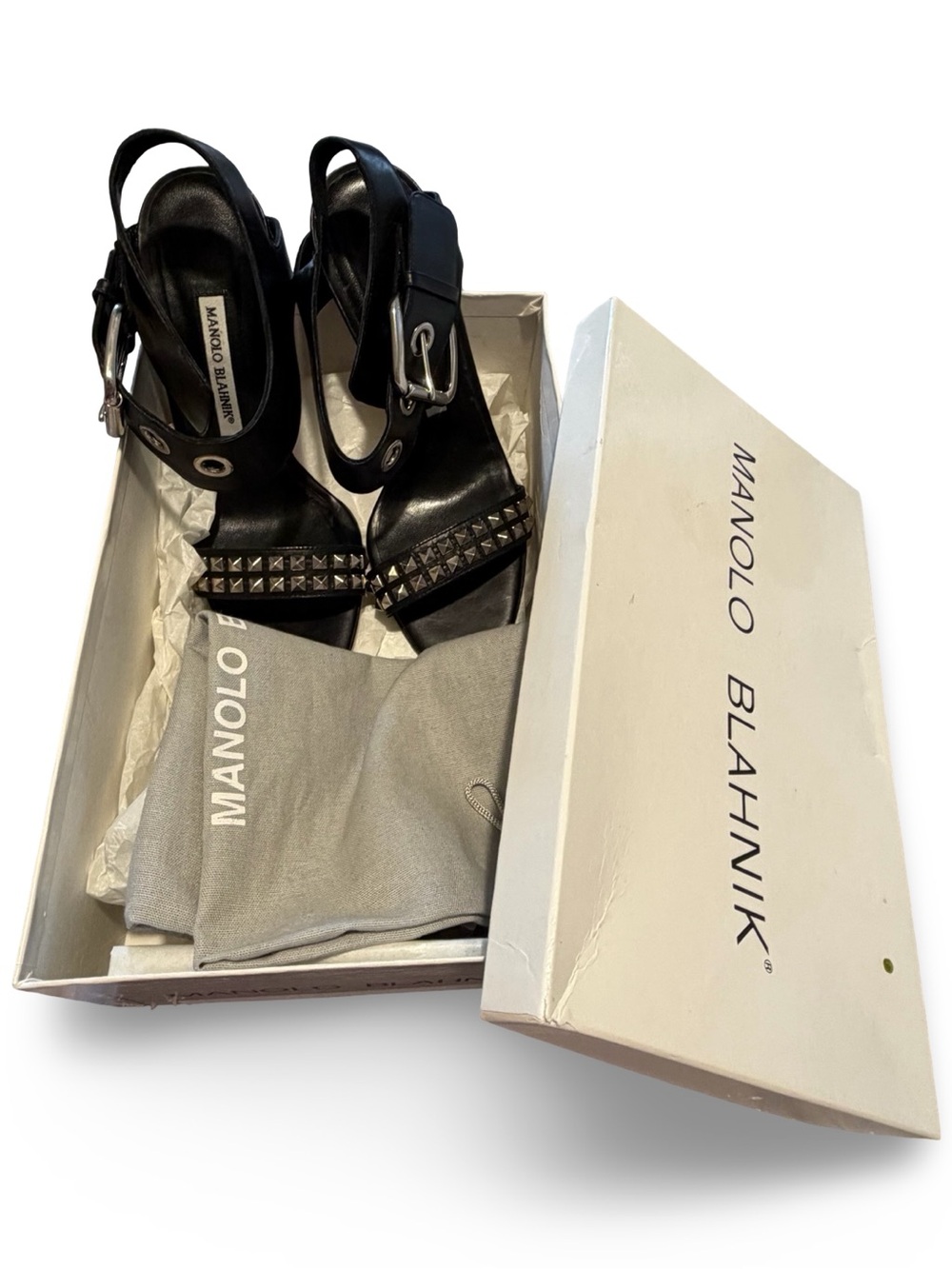 Manolo Blahnik Black Studded Leather Buckle Ankle Strap Sandals, 38 - Picture 15 of 16